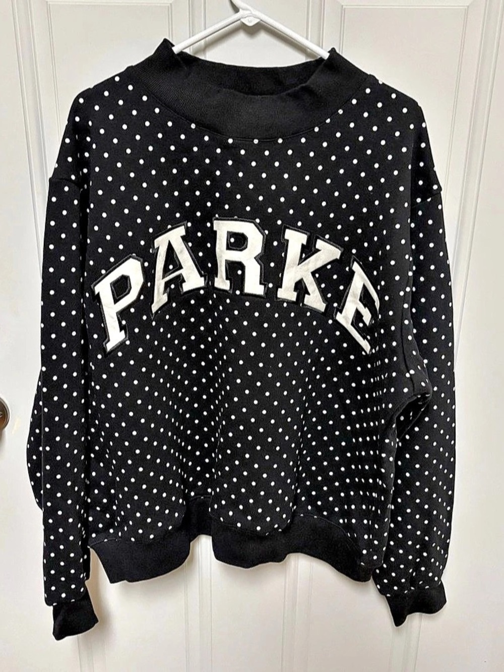 PARKE Varsity Mockneck Polka Dot Cotton Sweatshirt Black & White L/XL NWOT